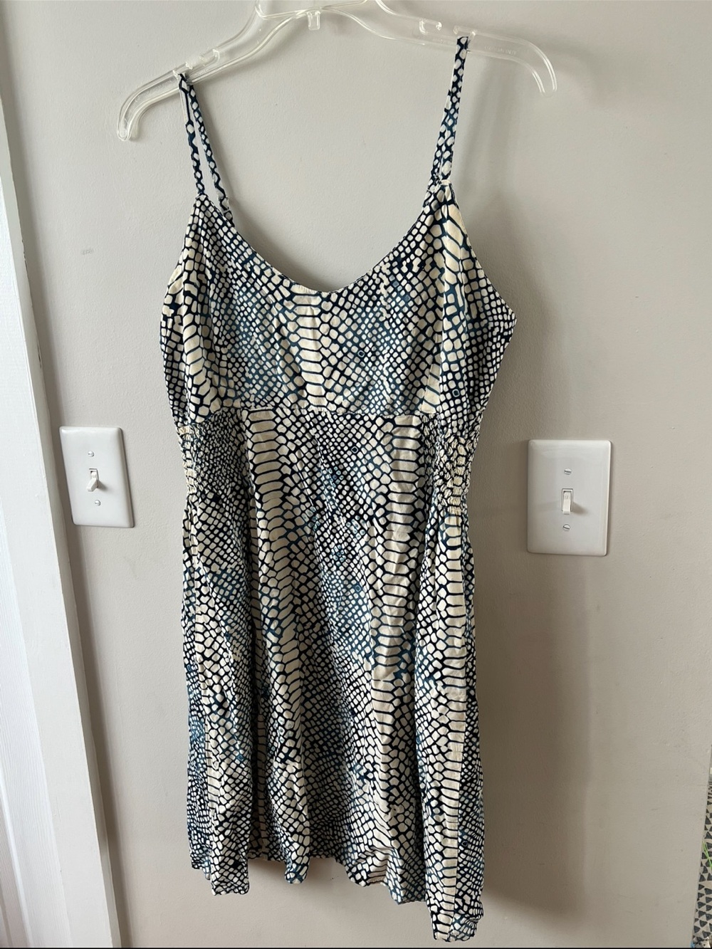 Spaghetti-Strap Snake-Print Mini Dress in Cream and Blue